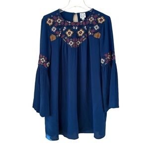 Blue Rain gauze embroidered dress fully lined bell sleeves, size M navy blue